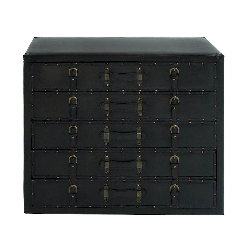 Coffre de Rangement en Bois Effet Cuir Vintage avec Boucles et Sangles - Noir - Roche River Decor
